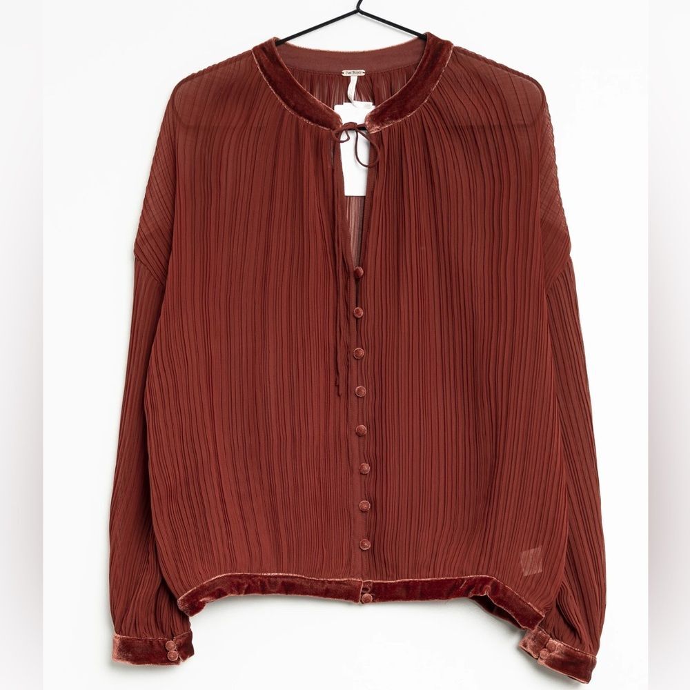 Free People Sheer Peasant Blouse Velvet Brick Red Orange